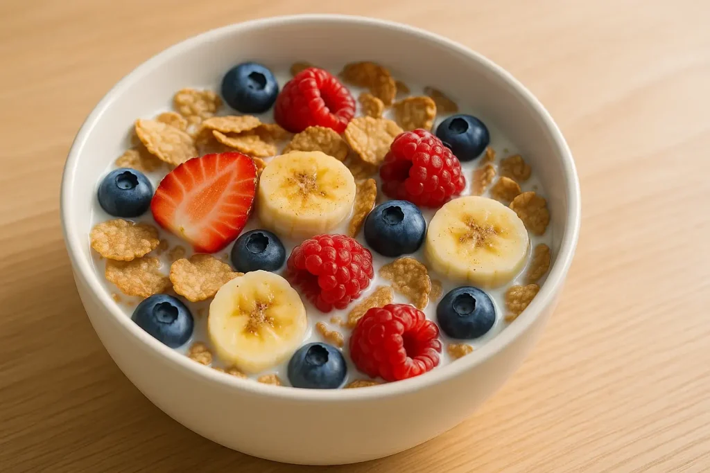 A bowl of cereal with non-dairy milk and berries