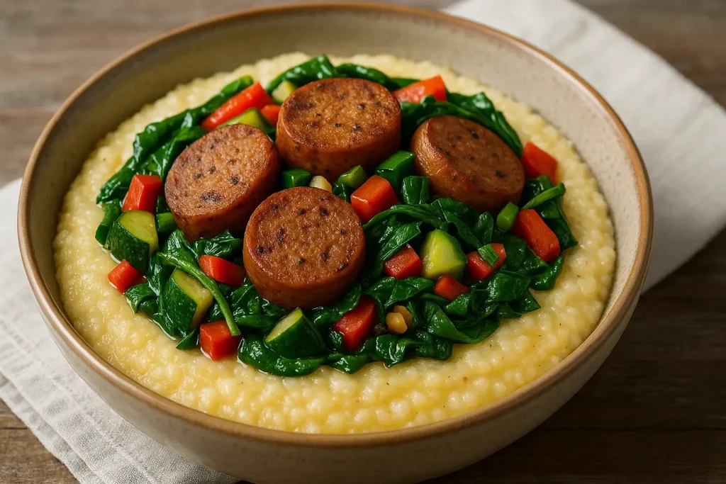 A bowl of grits topped with vegan sausage and vegetables