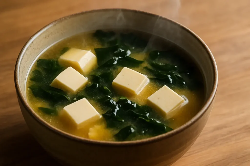 A bowl of miso soup with tofu and seaweed