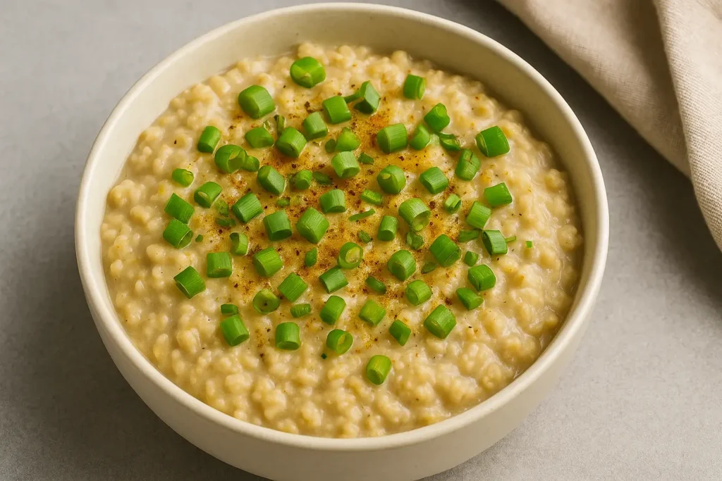 A bowl of savory oatmeal with green onions and spices