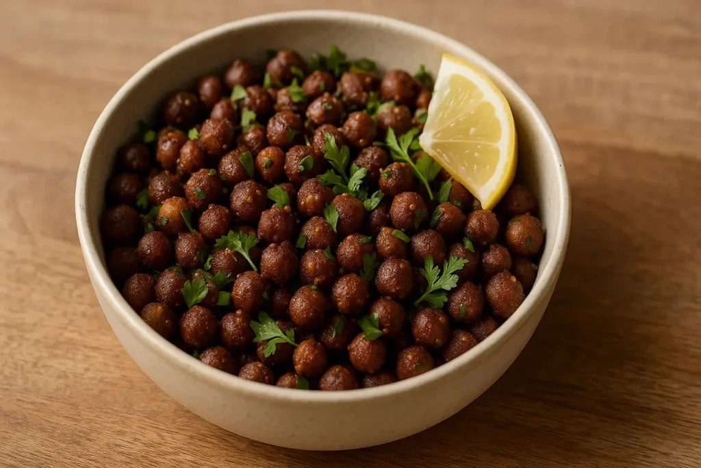 A bowl of spiced black chickpeas with herbs and lemon wedge