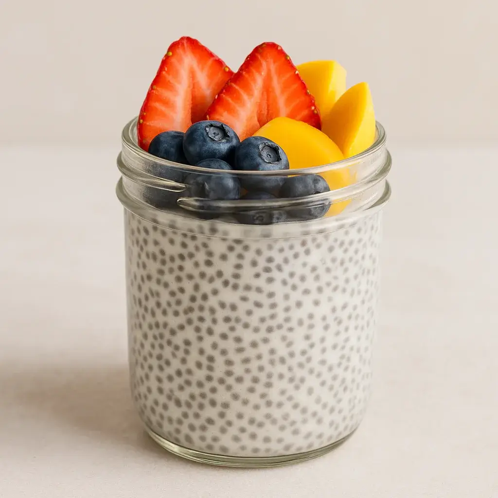 A jar of chia pudding topped with fruit