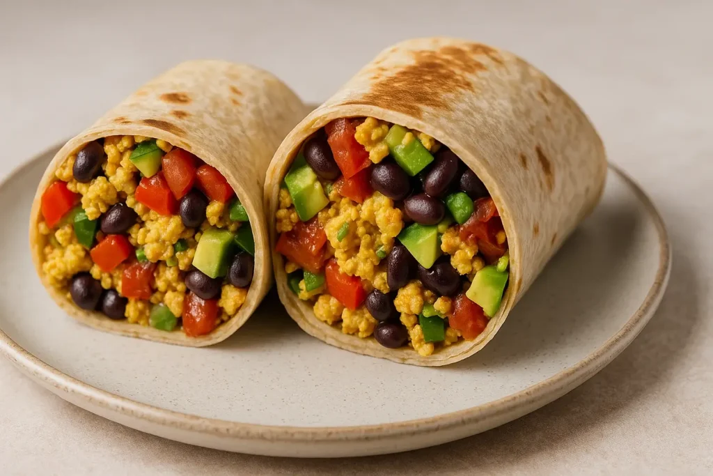 A large vegan breakfast burrito, cut in half