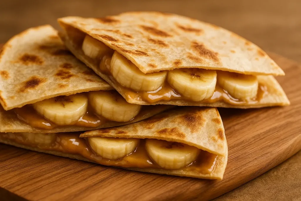 A peanut butter and banana quesadilla cut into wedges