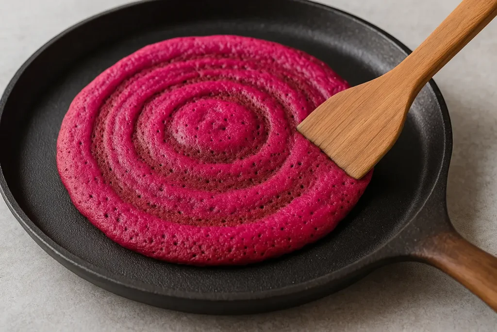 A pink beetroot dosa cooking on a griddle