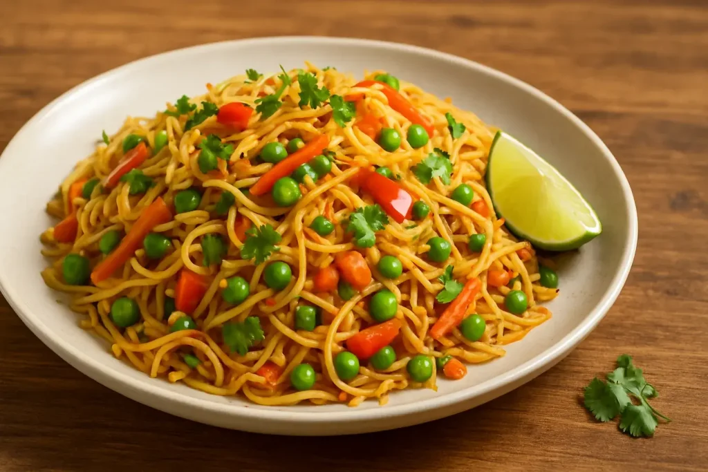 A plate of cooked vermicelli with vegetables and garnishes