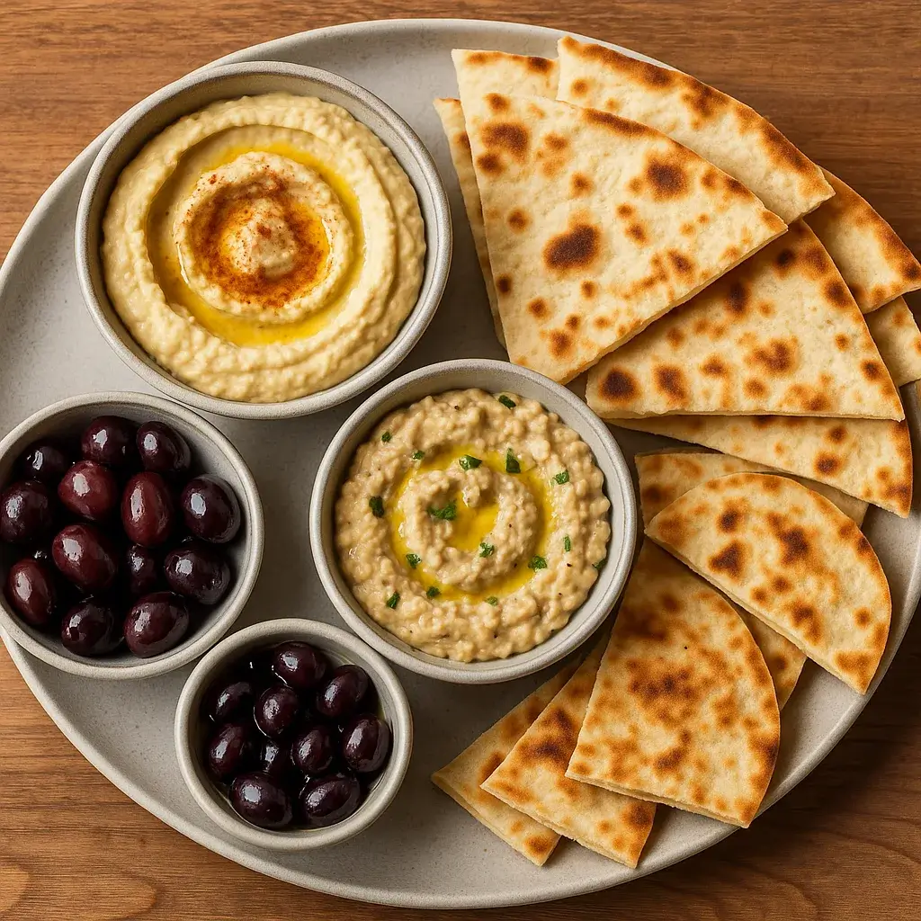A platter with small bowls of hummus, baba ghanoush, olives, and flatbread