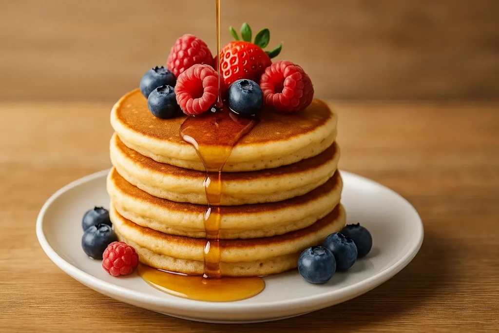 A stack of fluffy vegan pancakes topped with berries and syrup