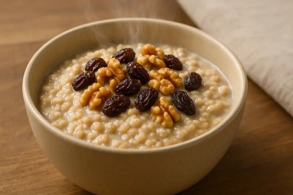 A steaming bowl of instant oatmeal topped with raisins and walnuts