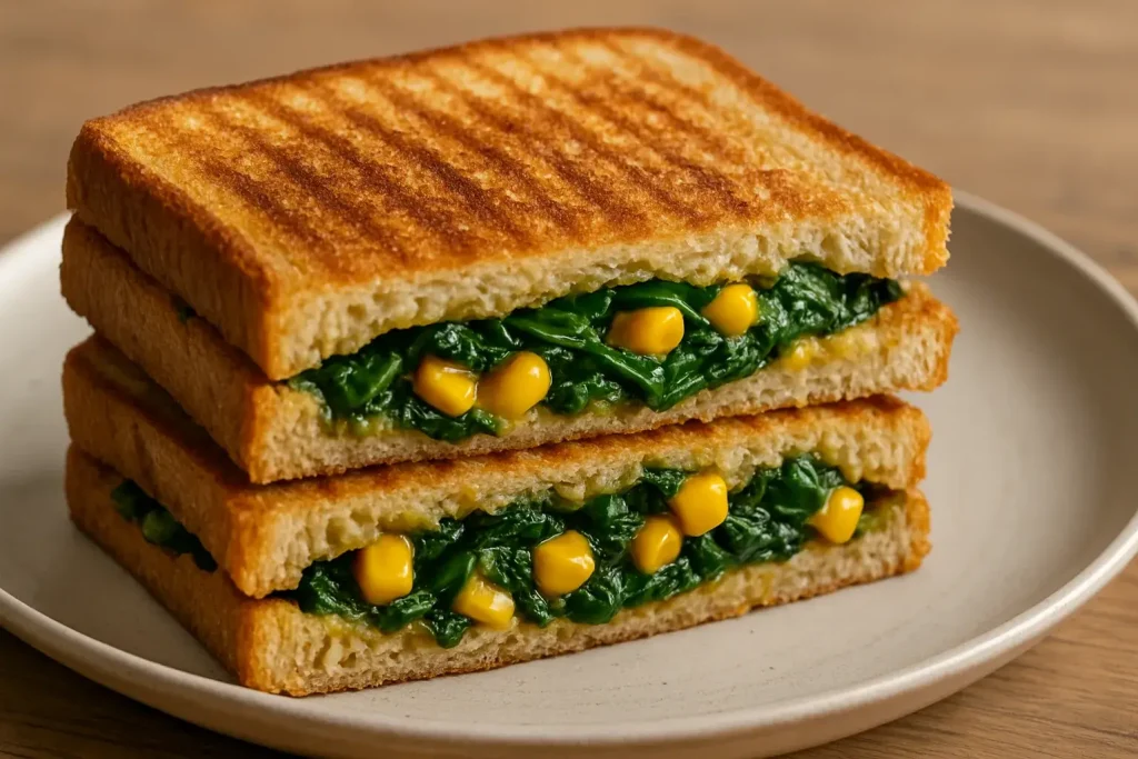 A toasted sandwich showing a spinach and corn filling