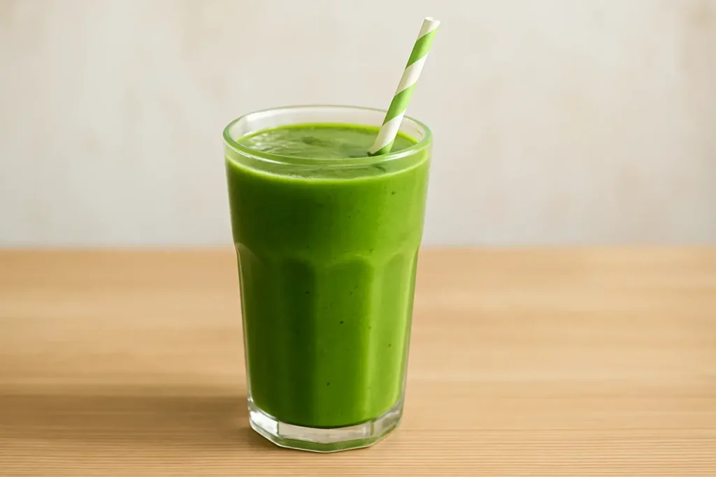 A vibrant green smoothie in a glass with a straw