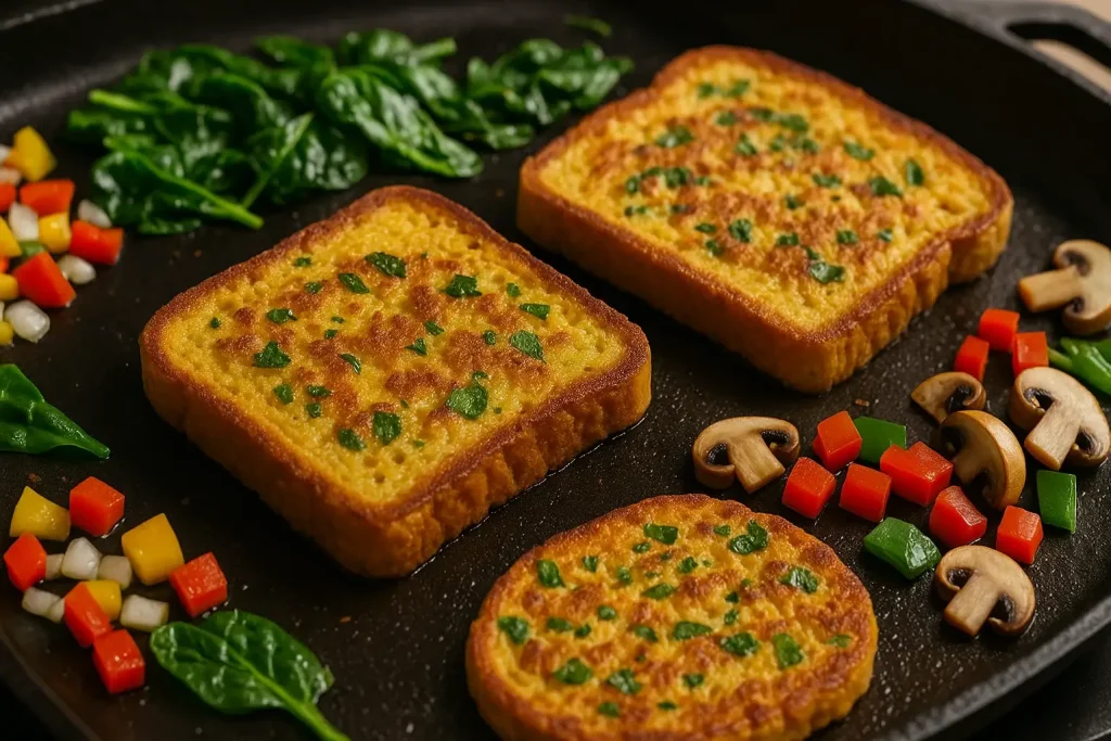 Bread slices coated in a chickpea batter cooking on a griddle with veggies