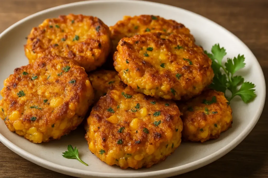 Golden brown potato corn fritters on a plate