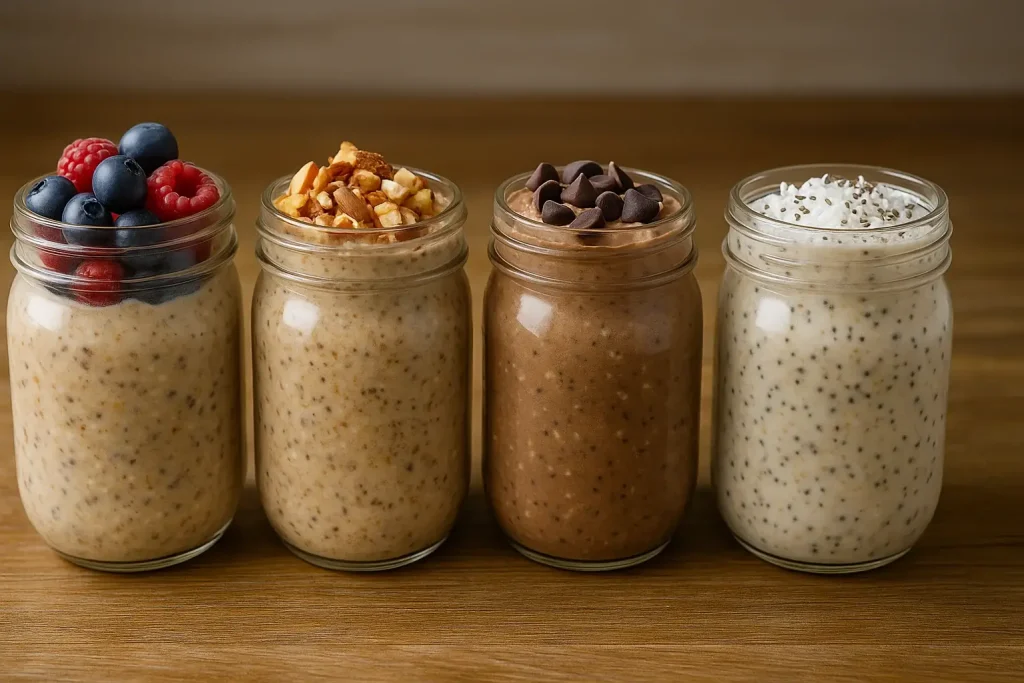 Mason jars filled with different flavors of overnight oats