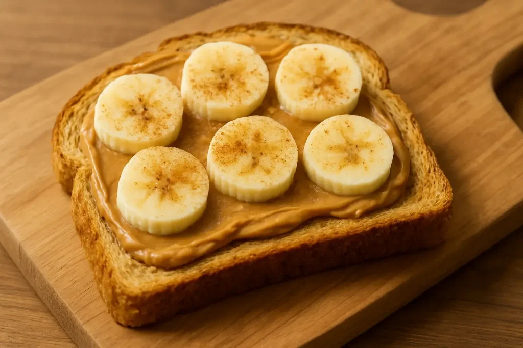 Peanut butter toast topped with banana slices and a sprinkle of cinnamon