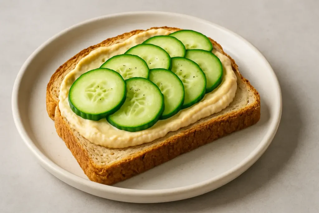 Toast topped with hummus and sliced cucumber