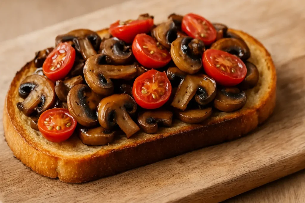 Toasted bread topped with sautéed mushrooms and tomatoes