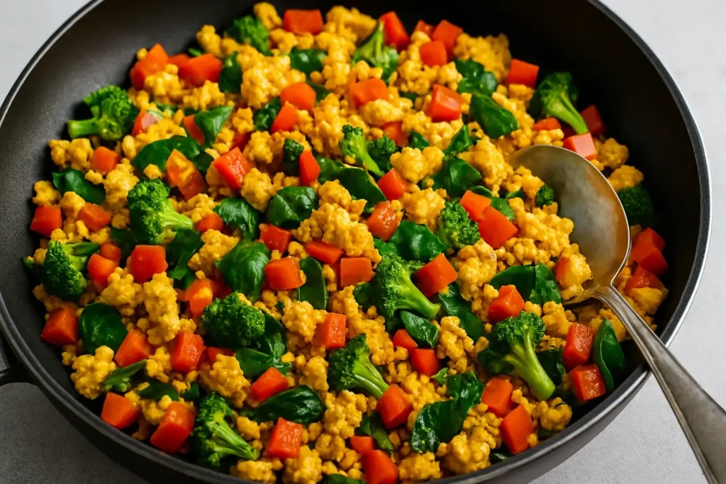 Tofu scramble in a pan with chopped vegetables