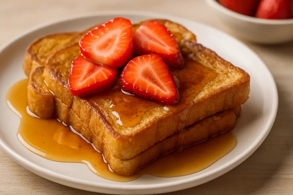 Vegan French toast topped with strawberries and syrup